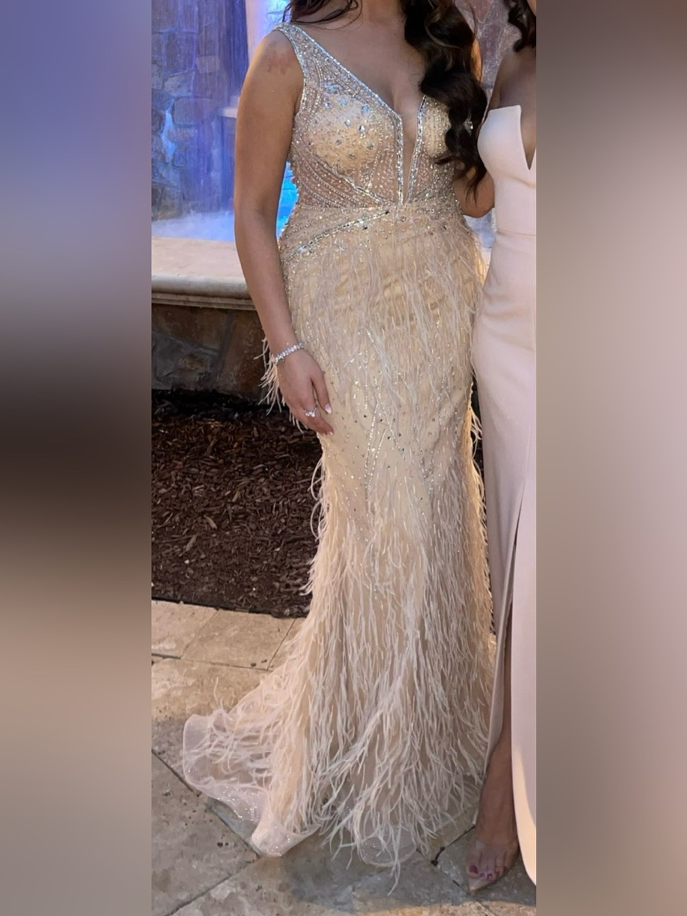 Jovani Cream Feather & Beaded Evening Gown - Picture 4 of 7